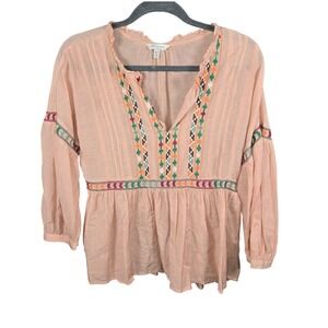 Lucky Brand Womens Peach Embroidered Boho Peasant Blouse Top Medium Cotton Blend
